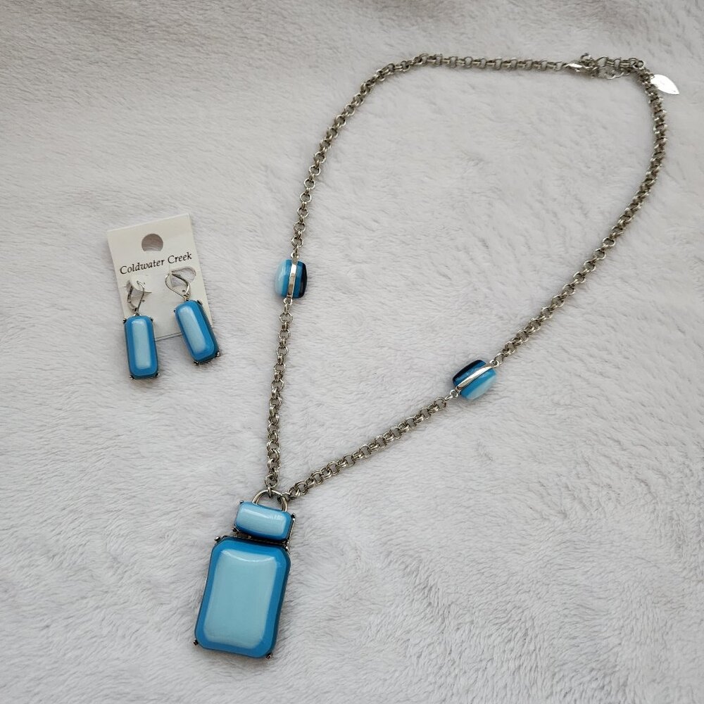 Coldwater Creek Silver Necklace and Earrings Blue Colorblock EUC